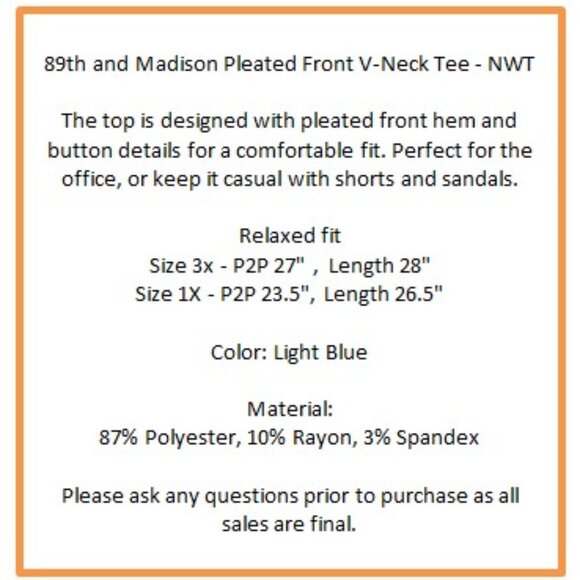 89th and Madison Pleated Front V-Neck Tee - NWT - Picture 3 of 4
